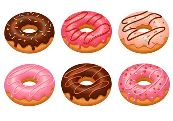 Delicious Colorful Donuts Sprinkled, Glazed, Frosted Donuts - Food, Dessert, Bakery Treats.