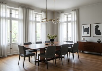 Elegant Dining Room Interior with Large Windows, Dining Table, Chairs, Chandelier, Art, Curtains, and Flowers.