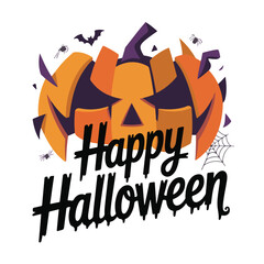 Fototapeta premium Happy Halloween text with carved pumpkin and spooky elements jack o lantern