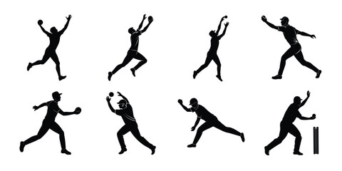 Set of cricket player action silhouettes isolated on white background