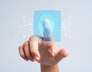 A person's finger touching a glowing blue fingerprint scanner with circuit board lines emanating from it, representing digital security and identification.