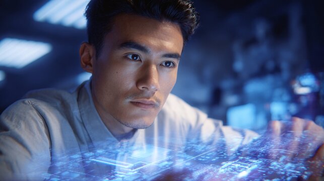 Futuristic Asian Engineer Analyzing Digital Interface in Technological Environment at Night