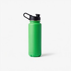 Green Insulated Stainless Steel Water Bottle with Black Lid on White Background