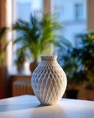 Intricate 3D-Printed Vase with Geometric Patterns on Sunlit Modern Table