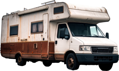 Old rusty camper van parked under cloudy sky symbolizing poverty and wanderlust