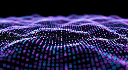 Vector art of abstract purple and blue wave pattern with glowing dots on a dark background