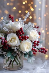 Elegant Winter Floral Arrangement with White Roses and Red Berries for Seasonal Decor