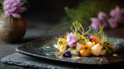 Exquisite Close-Up of Gourmet Sustainable Seafood Dish with Vibrant Edible Flowers