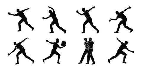 Set of cricket player silhouettes demonstrating different actions and poses, isolated on white background