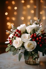 Winter Floral Arrangement with White Roses and Red Berries in Soft Light