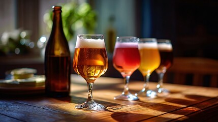 Four Glasses of Beer on a Sunlit Wooden Table Creating a Cozy Atmosphere