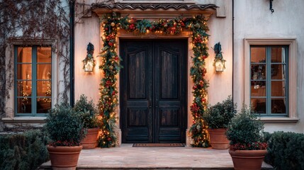 Festive Door Decoration with Garland and Lights