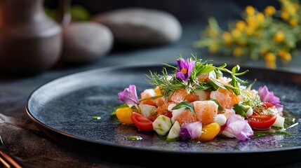 Elegant Sustainable Seafood Dish with Fresh Vegetables and Edible Flowers