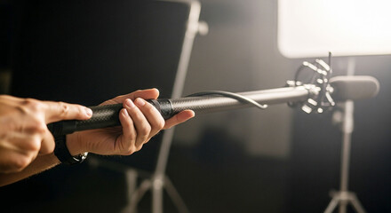 Hands operating a boom microphone for professional audio recording in a studio or film production environment.