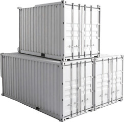 Stacked white shipping containers on grey background representing global trade and logistics