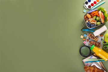 School healthy food for children. Preparing homemade balanced healthy lunch box for schooler, with...