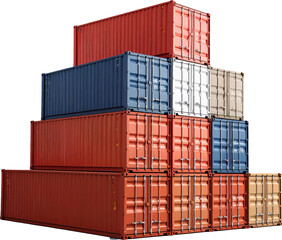 Stacked cargo containers forming a pyramid shape symbolizing global trade and logistics