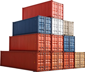 Stacked cargo containers forming a pyramid shape symbolizing global trade and logistics