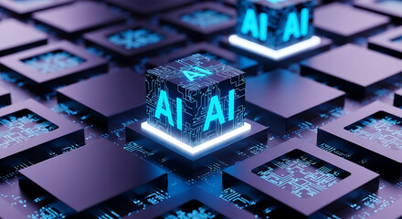 Vector art of artificial intelligence cube on microchips, representing the future of technology