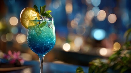 Sparkling Blue Cocktail with Lemon and Mint in a Lively Evening Ambiance