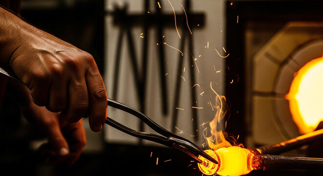 Craftsman shaping glowing molten glass with tongs in a fiery glassblowing workshop - Powered by Adobe