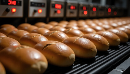 Conveyor line of freshly baked bread rolls in bakery production with copy space for national bread day; bakery production
