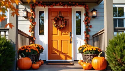 Festive fall front porch with pumpkins and orange door wreath for autumn harvest celebration with copy space; seasonal welcome