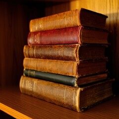 A stack of vintage leather bound books with aged pages and worn covers standing on a shelf isolated on white background