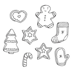 Set of doodles, Christmas gingerbread cookies, hand drawn, vector illustration