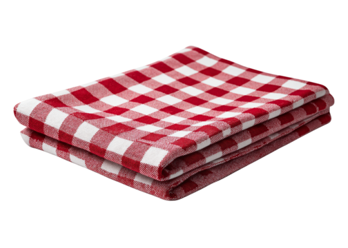 Red and white gingham-checkered tablecloth isolated on a transparent background in PNG format.