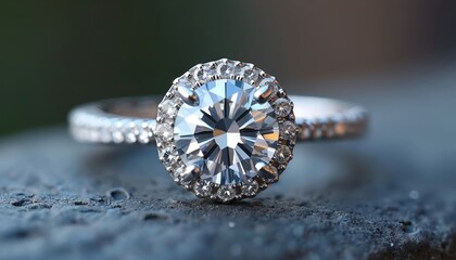 Fototapeta premium Exquisite diamond engagement ring with halo setting rests on textured surface. Luxurious gold band glitters with smaller diamonds, brilliance, elegance. Perfect symbol of love, commitment, cherished