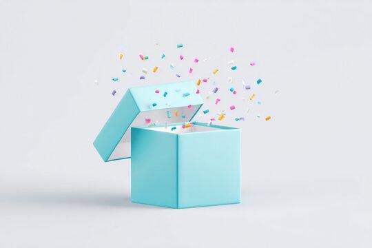 Bright blue box opens with colorful confetti bursting out, symbo