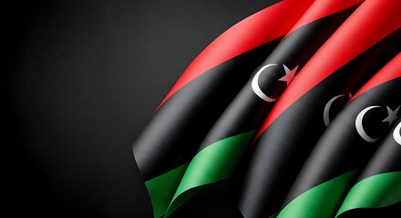 Multiple Waving Libyan Flags Against a Dark Background