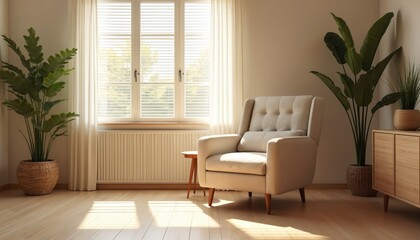 Cozy modern living room with recliner chair, houseplants, and natural light flooding through blinds. Stylish furniture, wood floors, and inviting atmosphere create a comfortable, serene home interior.