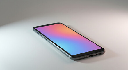 A sleek smartphone resting on a minimalist surface, showcasing a vibrant gradient screen in a serene setting