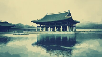 Fototapeta premium Serene Traditional Pavilion Reflected in Calm Water Landscape