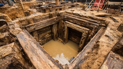 Obraz premium Excavation Site with Wooden Supports and Water Accumulation