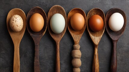 Variety of Chicken Eggs in Wooden Spoons