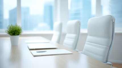 Fototapeta premium Bright office interior features sleek white chairs and modern de