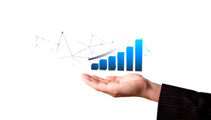 Hand holding upward trending financial graph isolated on transparent background