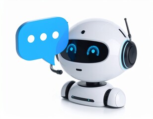 A white chatbot robot with a blue speech bubble.
