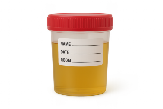 Plastic container containing urine sample with red cap on transparent background