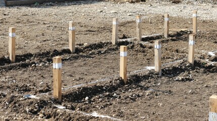 Wooden Stakes Mark Future Garden Layout in Sunny Outdoor Area