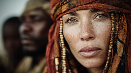 Obraz premium Close-Up Portrait of Woman in Tribal Headscarf with Intense Gaze