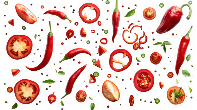 Overhead shot of sliced red chili peppers and tomatoes creating a vibrant and colorful food background with fresh ingredients isolated on transparent background
