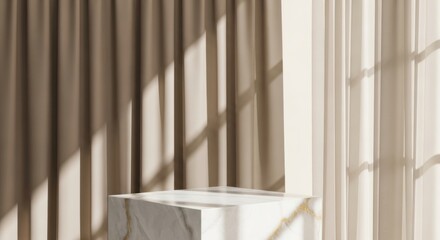 Fototapeta premium Sophisticated Marble Podium with Golden Veins, Sunlight Shadows on Beige Curtains, Minimalist Display