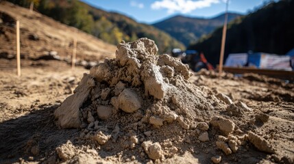 Pile of Sandy Soil with Mountains in Background and Clear Sky