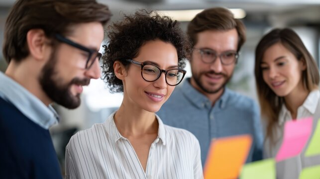 A collaborative team in an office environment. Concentrating on a colourful array of sticky notes, highlighting teamwork, focus, and strategy. 