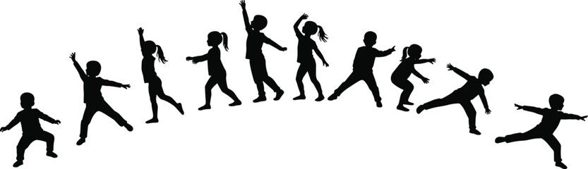 Silhouettes of children jumping and playing, energetic kids in motion, joyful youth, dynamic poses, fun activity, outdoor happiness, stock image