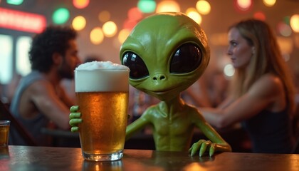 Green alien holding beer glass at bar counter. People relax in background with neon lights creating atmosphere. Extraterrestrial enjoys beverage, socializing with humans in pub.